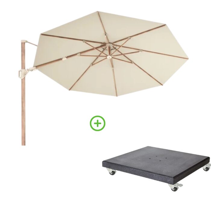 Platinum Challenger T² zweefparasol premium doek | Ø350cm rond met Modena parasolvoet 120kg | Champagne/Teak look – Taupe – Naturel – Bruin, Natural Teak