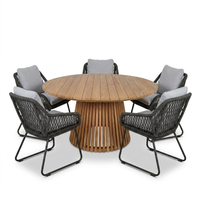 BUITEN living Palau/Portofino Stone Grey dining tuinset | 5 personen | teakhout + touw | Ø140cm rond – Natural Teak
