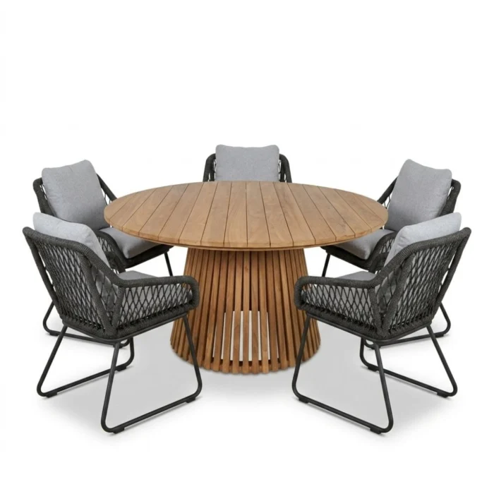 BUITEN living Palau/Portofino Stone Grey dining tuinset | 5 personen | teakhout + touw | Ø140cm rond - Natural Teak