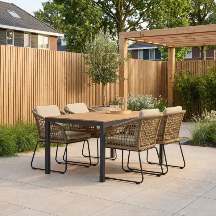 LUX outdoor living Delta/Tulum Sahara Dust dining tuinset | 4 personen | teakhout + touw | 160cm – Zand
