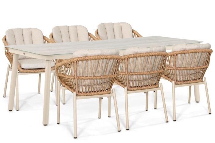 De Laan Projects Laan Malaga/Tavano 220×90 cm dining tuinset 7-delig – Taupe-naturel-bruin