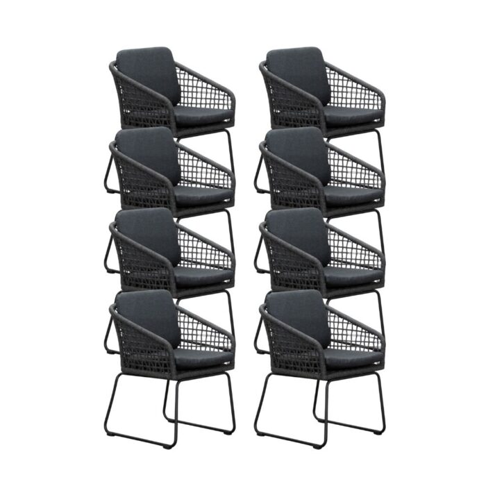 BUITEN living Tulum dining tuinstoel set van 8 | touw + aluminium | Lava Grey – Antraciet