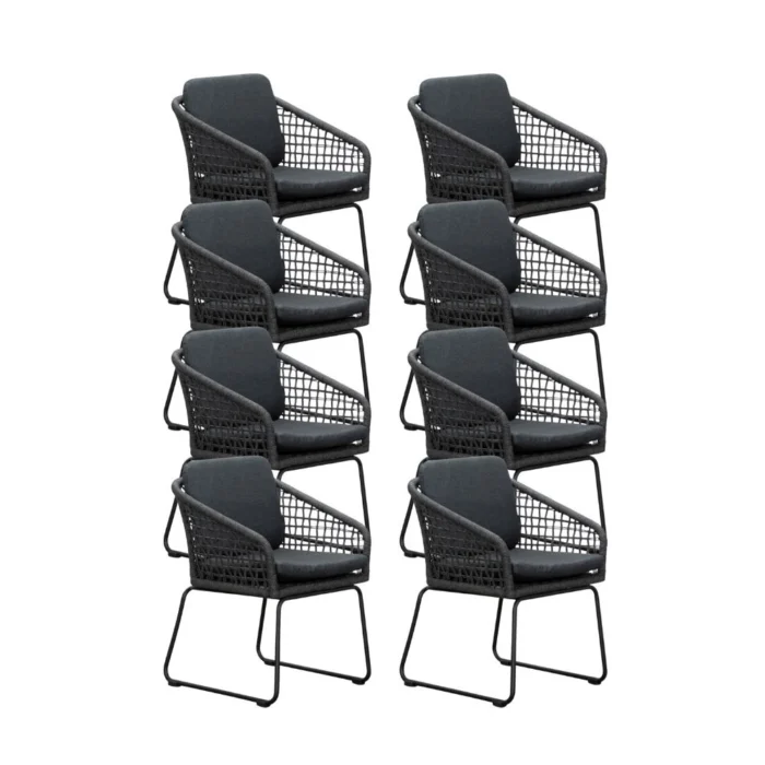 BUITEN living Tulum dining tuinstoel set van 8 | touw + aluminium | Lava Grey - Antraciet