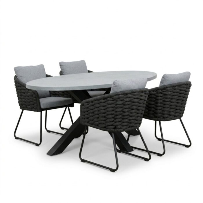 BUITEN living Stockholm/Flora Stone Grey dining tuinset | 4 personen | polystone + touw | 200cm – Betonlook