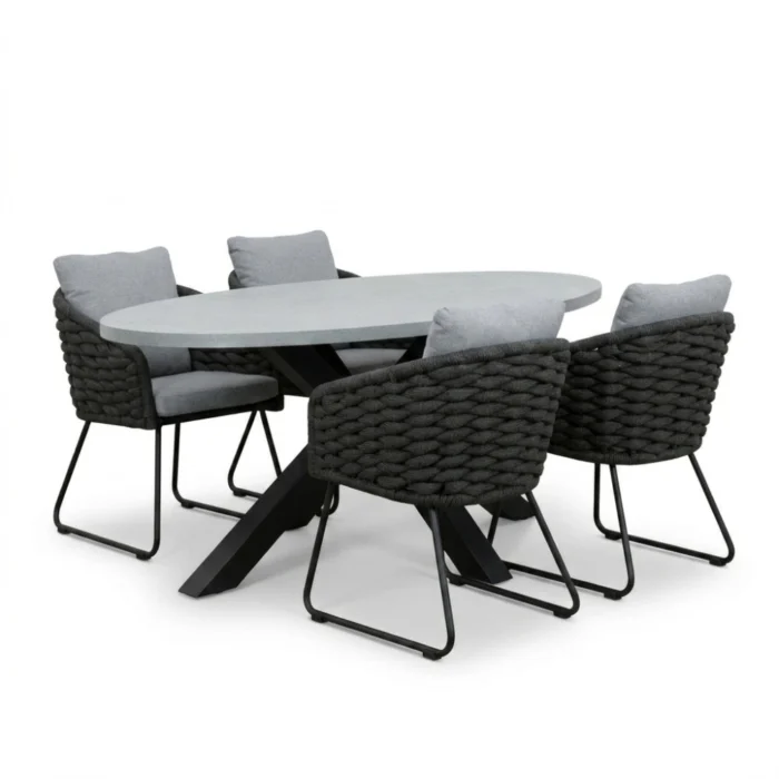 BUITEN living Stockholm/Flora Stone Grey dining tuinset | 4 personen | polystone + touw | 200cm - Betonlook