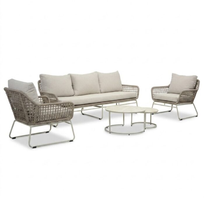 BUITEN living Valencia stoel-bank loungeset incl. Aurora tafel | touw + aluminium | Almond Beige | 4-delig