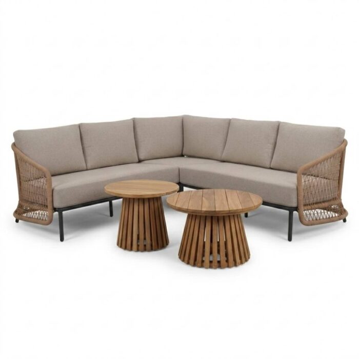 BUITEN living Vienna/Palau hoek loungeset 5 personen | wicker + aluminium | zand | 4-delig 223x223cm – Taupe – Naturel – Bruin, Beige