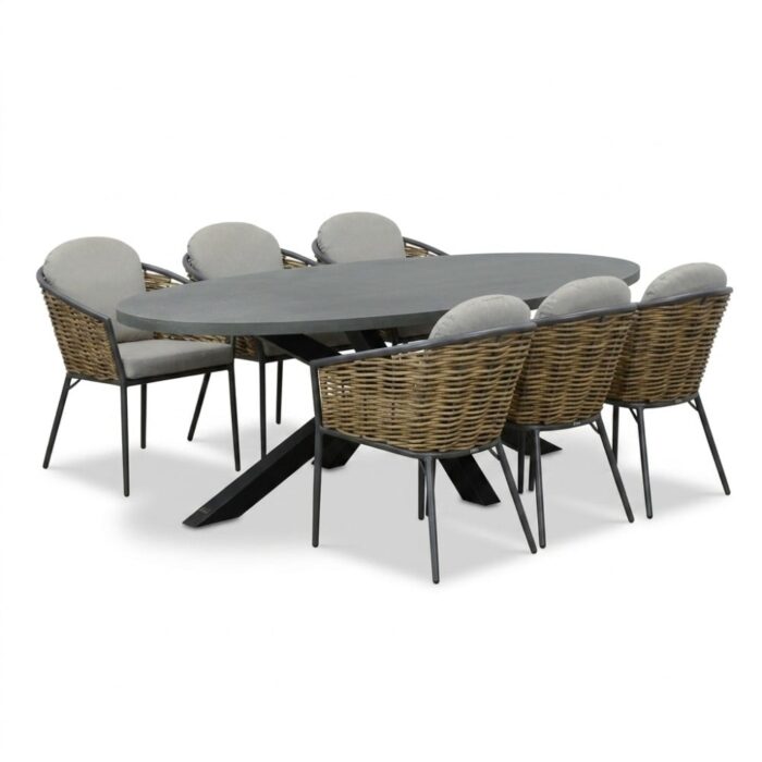 BUITEN living Stockholm/Lucca dining tuinset | 6 personen | polystone + wicker | 240cm – Betonlook