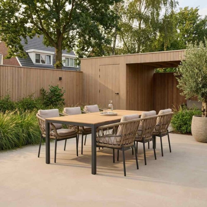 LUX outdoor living Delta/Dakota beige/antraciet dining tuinset | 6 personen | teakhout + touw | 220cm – Zand