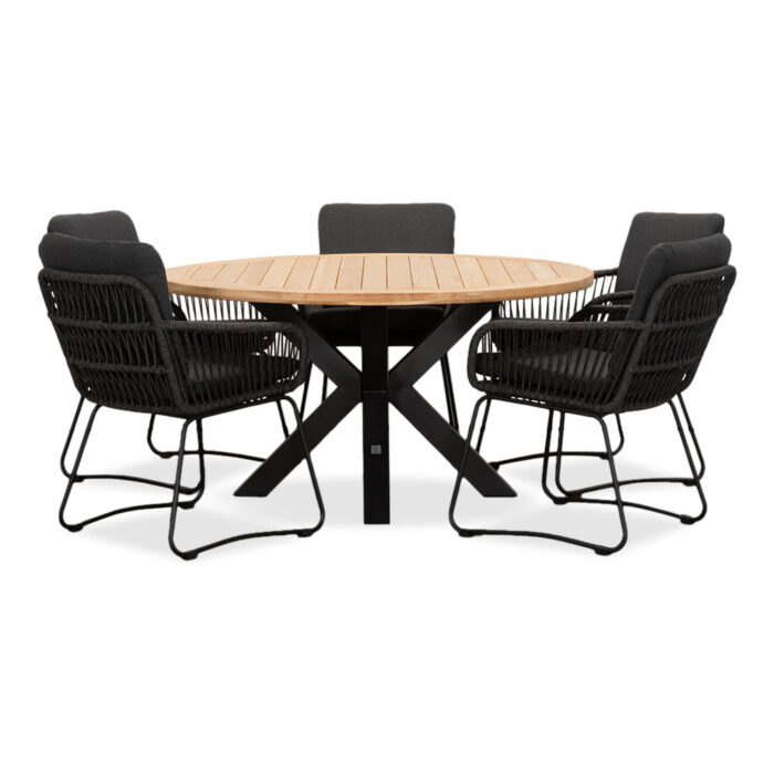 LUX outdoor living Cleve/Harper Lava Grey dining tuinset | 5 personen | teakhout + touw | 140cm rond – Grijs
