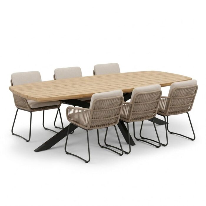 LUX outdoor living Salo/Harper Sahara Dust dining tuinset | 6 personen | hardhout + touw | 240cm Deens – Naturel