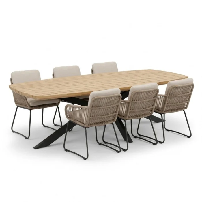 LUX outdoor living Salo/Harper Sahara Dust dining tuinset | 6 personen | hardhout + touw | 240cm Deens - Naturel