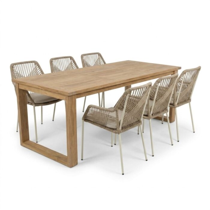 BUITEN living Corfu/Seville beige dining tuinset | 6 personen | teakhout + touw | 200cm
