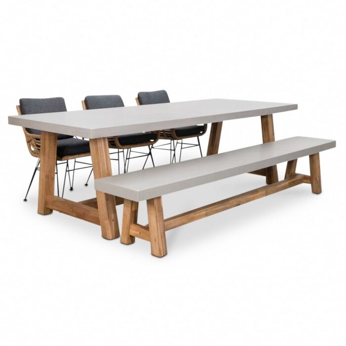 BUITEN living Veltis/Carlos antraciet stoel-bank dining tuinset | 6 personen | betonlook + wicker | 250cm – Taupe – Naturel – Bruin, Betonlook