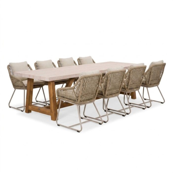 BUITEN living Velora/Portofino Sandstone dining tuinset | 8 personen | polystone + touw | 300cm – Taupe – Naturel – Bruin, Beige