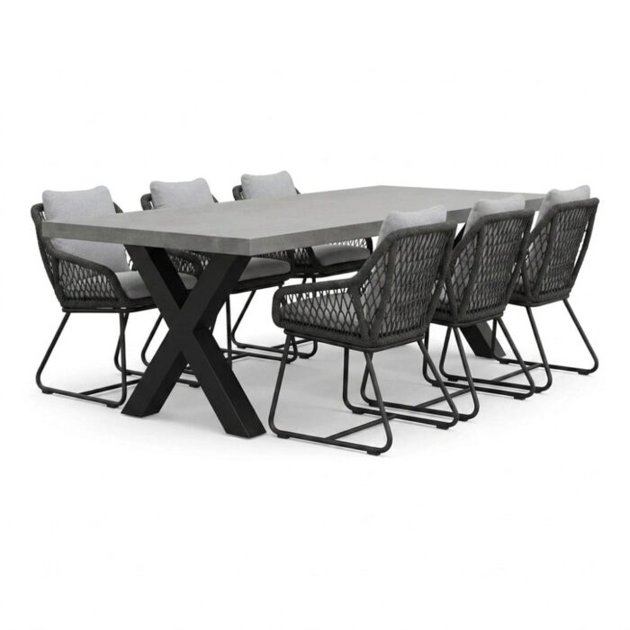 BUITEN living Lyon betonlook/Portofino Stone Grey dining tuinset | 6 personen | polystone + touw | 250cm