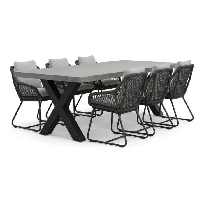 BUITEN living Lyon betonlook/Portofino Stone Grey dining tuinset | 6 personen | polystone + touw | 250cm