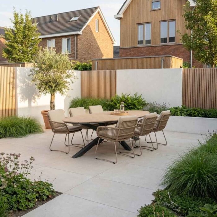 LUX outdoor living Dallas antraciet/Harper Sandstone dining tuinset | 6 personen | polywood + touw | 220cm – Zand