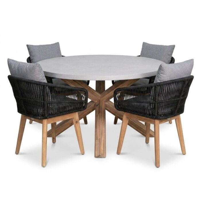 BUITEN living Nancy/Bella zwart dining tuinset | 4 personen | polystone + touw | Ø135cm rond