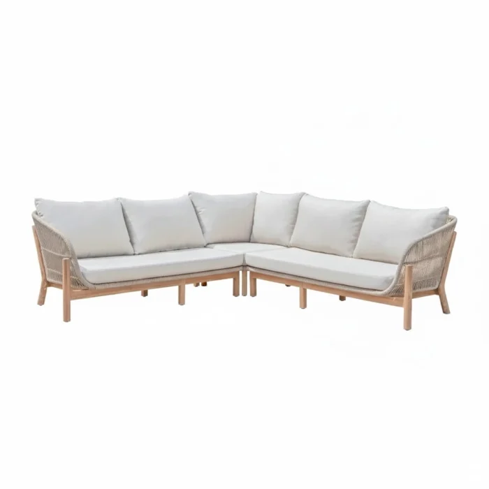 BUITEN living Braga hoek loungeset 5 personen | touw + hardhout | zand | 4-delig 235x235cm - Natural Teak