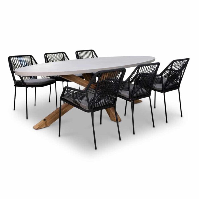 BUITEN living Livorno/Seville zwart dining tuinset | 6 personen | betonlook + touw | 240cm – Betonlook, Zwart