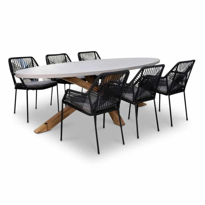 BUITEN living Livorno/Seville zwart dining tuinset | 6 personen | betonlook + touw | 240cm - Betonlook, Zwart