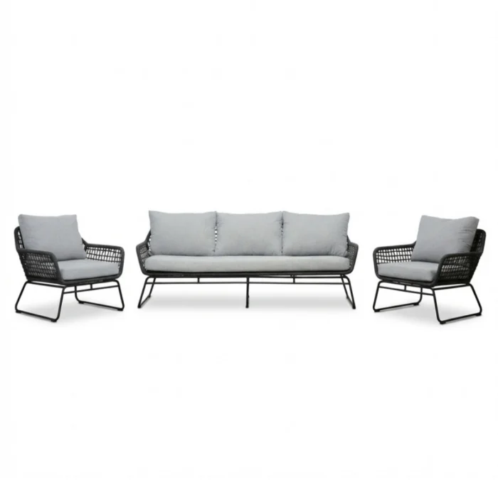 BUITEN living Valencia stoel-bank loungeset 5 personen | touw + aluminium | Stone Grey | 3-delig