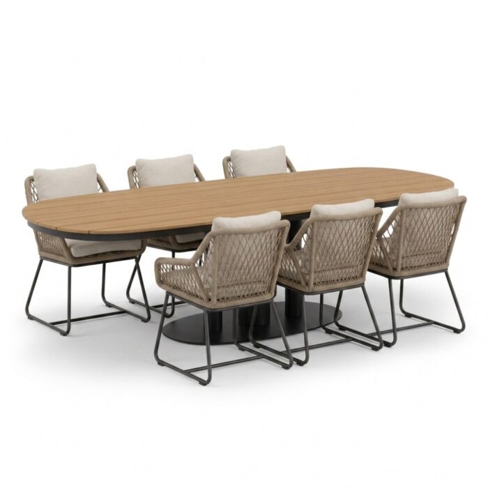 LUX outdoor living Panama antraciet/Portofino Sahara Dust dining tuinset | 6 personen | polywood + touw | 260cm