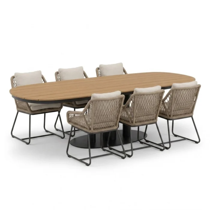 LUX outdoor living Panama antraciet/Portofino Sahara Dust dining tuinset | 6 personen | polywood + touw | 260cm