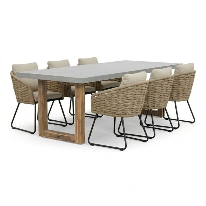 BUITEN living Lausanne/Flora Sahara Dust dining tuinset | 6 personen | polystone + touw | 250cm – Betonlook