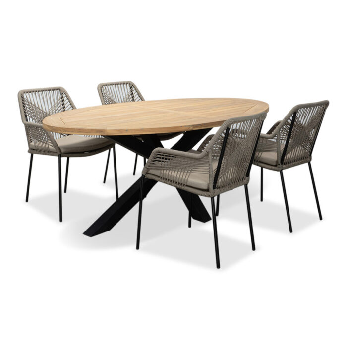 LUX outdoor living Cleve/Seville zand dining tuinset | 4 personen | teakhout + touw | 200cm ovaal