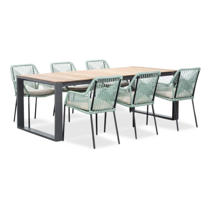 LUX outdoor living Atlanta/Seville mint dining tuinset | 6 personen | teakhout + touw | 218cm – Zwart, Natural Teak, Mint