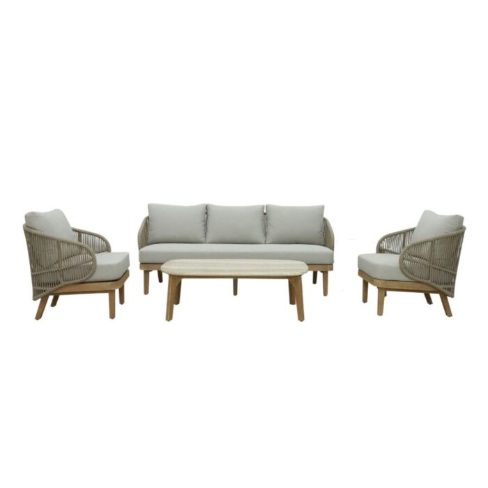 BUITEN living Matera stoel-bank loungeset 5 personen | eucalyptus + touw | zand/Light Teaklook | 4-delig – Taupe – Naturel – Bruin