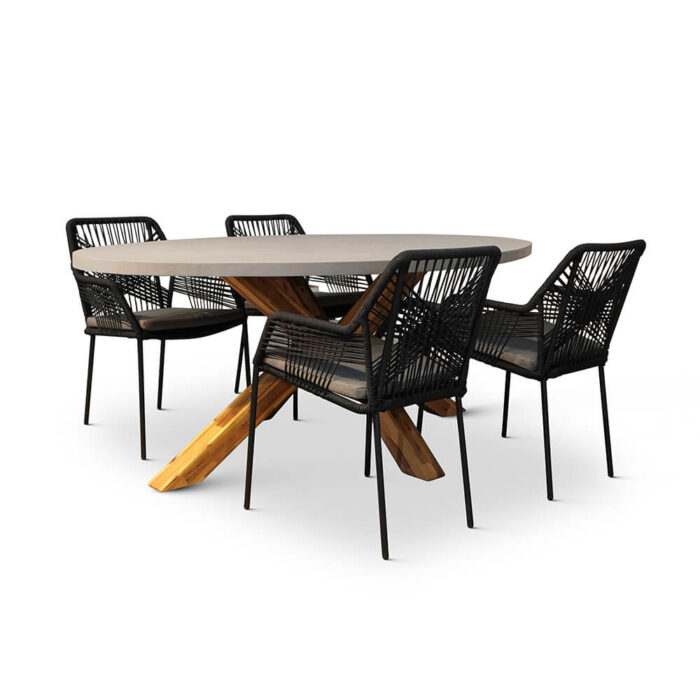 BUITEN living Livorno/Seville zwart dining tuinset | 4 personen | betonlook + hardhout | 200cm ovaal – Betonlook, Zwart