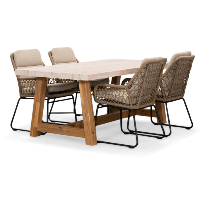 BUITEN living Velora/Valencia Sahara Dust dining tuinset | 4 personen | travertin + touw | 200cm – Zand
