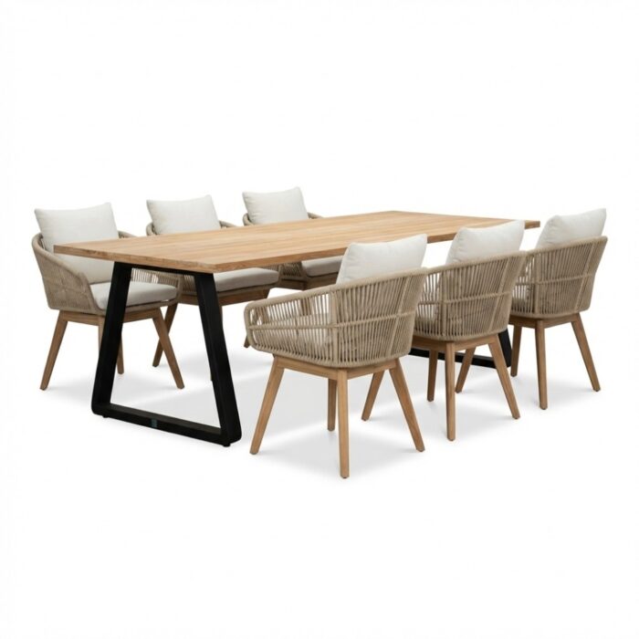 LUX outdoor living Elena/Bella zand dining tuinset | 6 personen | teakhout + touw | 240cm