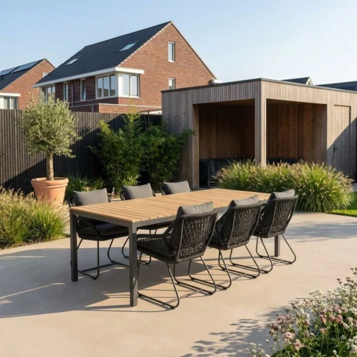 LUX outdoor living Delta/Portofino zwart dining tuinset | 6 personen | teakhout + touw | 220cm