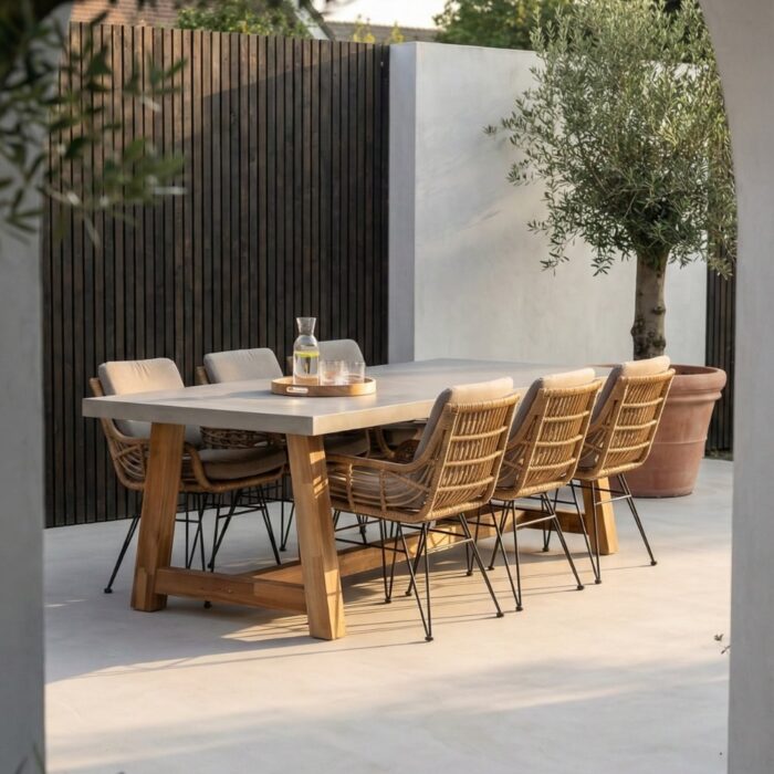 BUITEN living Veltis/Carlos taupe dining tuinset | 6 personen | betonlook + hardhout | 250cm – Taupe – Naturel – Bruin, Betonlook