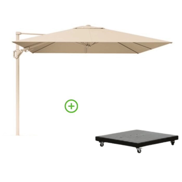 Platinum Challenger T² zweefparasol premium doek | 300x300cm met Monza parasolvoet 90kg | Champagne/Sandstone – Taupe – Naturel – Bruin, Beige