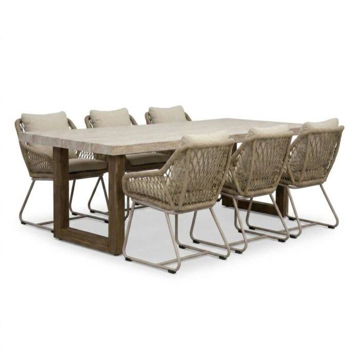 BUITEN living Laurenne/Portofino Sandstone dining tuinset | 6 personen | polystone + touw | 250cm – Taupe – Naturel – Bruin, Beige