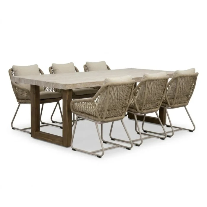 BUITEN living Laurenne/Portofino Sandstone dining tuinset | 6 personen | polystone + touw | 250cm - Taupe - Naturel - Bruin, Beige