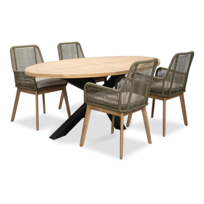 LUX outdoor living Cleve/Padua olijfgroen dining tuinset | 4 personen | teakhout + touw | 200cm ovaal – Grijs