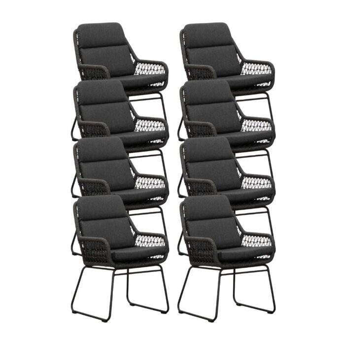 BUITEN living Valencia dining tuinstoel set van 8 | touw + aluminium | Lava Grey – Antraciet
