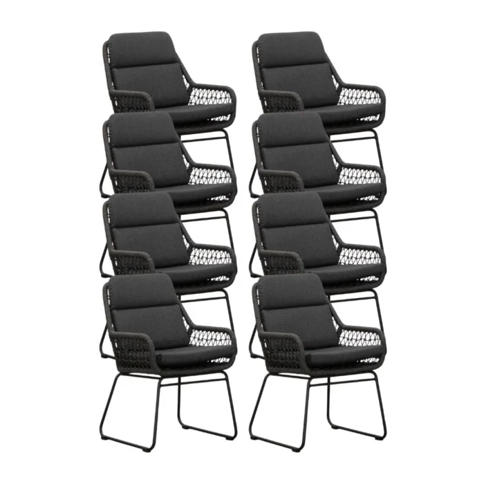 BUITEN living Valencia dining tuinstoel set van 8 | touw + aluminium | Lava Grey - Antraciet