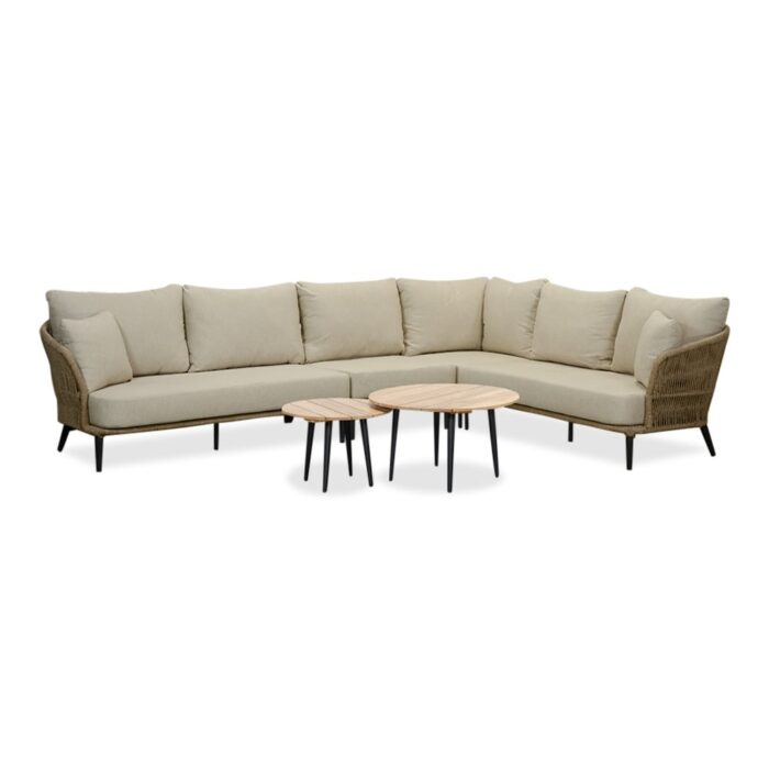 BUITEN living Palermo hoek loungeset met tussenmodule & teak tafels 6 personen | aluminium + touw | Sahara Dust | 7-delig 230x294cm – Taupe – Naturel – Bruin