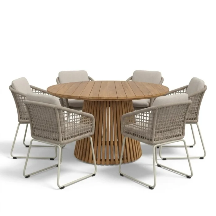 BUITEN living Palau/Tulum Almond Beige dining tuinset | 6 personen | teakhout + touw | Ø140cm