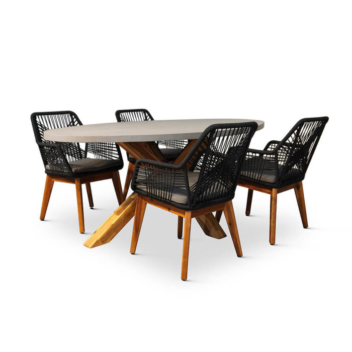 BUITEN living Livorno/Seville hout zwart dining tuinset | 4 personen | betonlook + hardhout | 200cm ovaal – Betonlook, Zwart