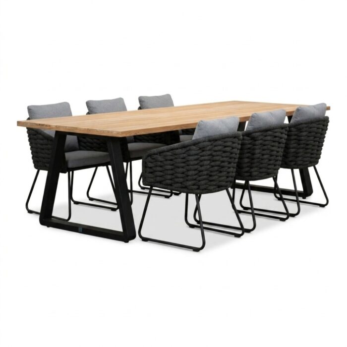 LUX outdoor living Elena/Flora Stone Grey dining tuinset | 6 personen | teakhout + touw | 240cm – Natural Teak