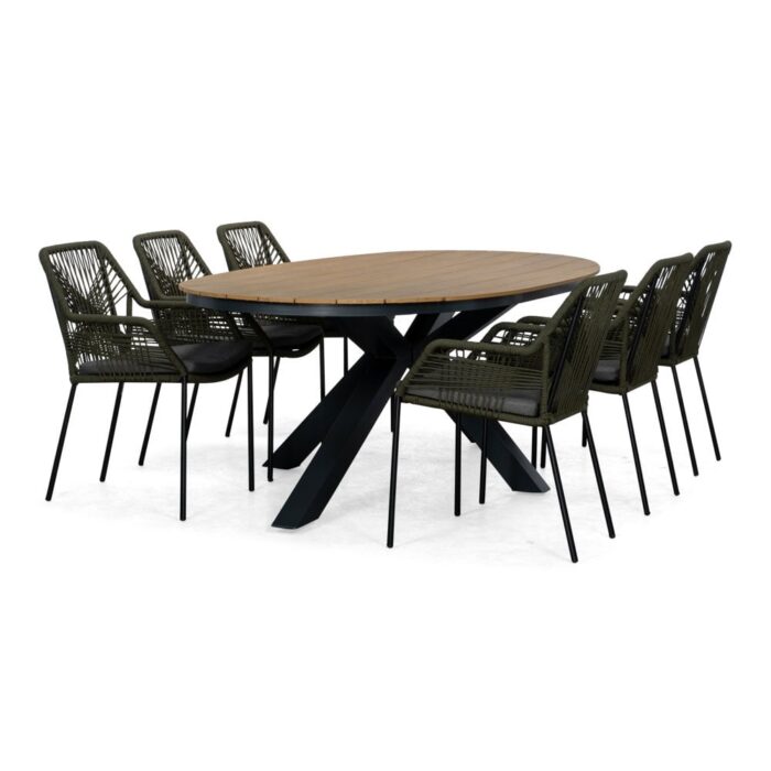 Lesli Living Arezzo/Seville olijfgroen dining tuinset | 6 personen | polywood + touw | 240cm ovaal – Taupe – Naturel – Bruin, Olijfgroen, Zwart