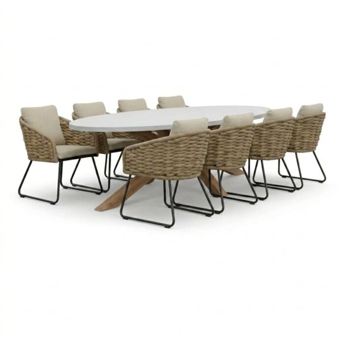 BUITEN living Livorno/Flora Sahara Dust dining tuinset | 8 personen | polystone + touw | 280cm – Betonlook